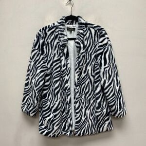 Suzanne Betro Black White Polyester Fleece Animal Print Open Front Cardigan XL